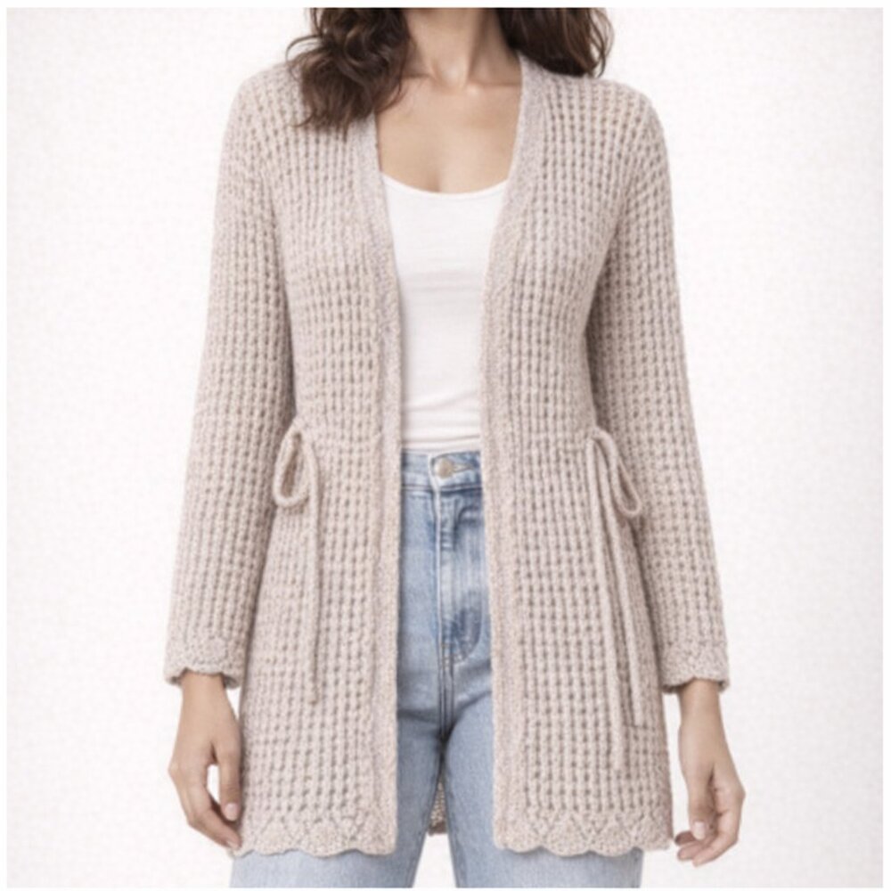 NWT Light Beige / Taupe Open-Weave Knit Belted Long Cardigan Neutral Basic XS/S